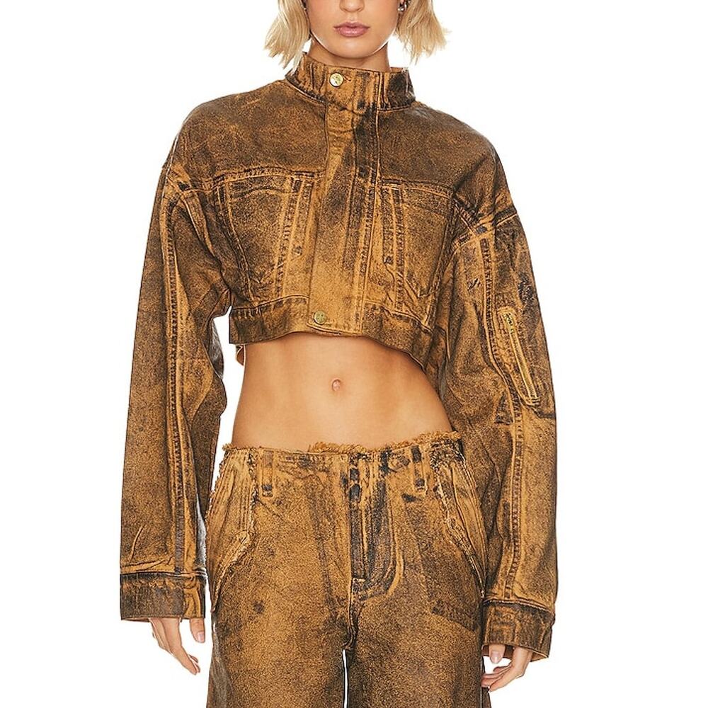 H:ours Oversized Cropped Coated Vintage Brown Anaisa Jacket Size L NWT